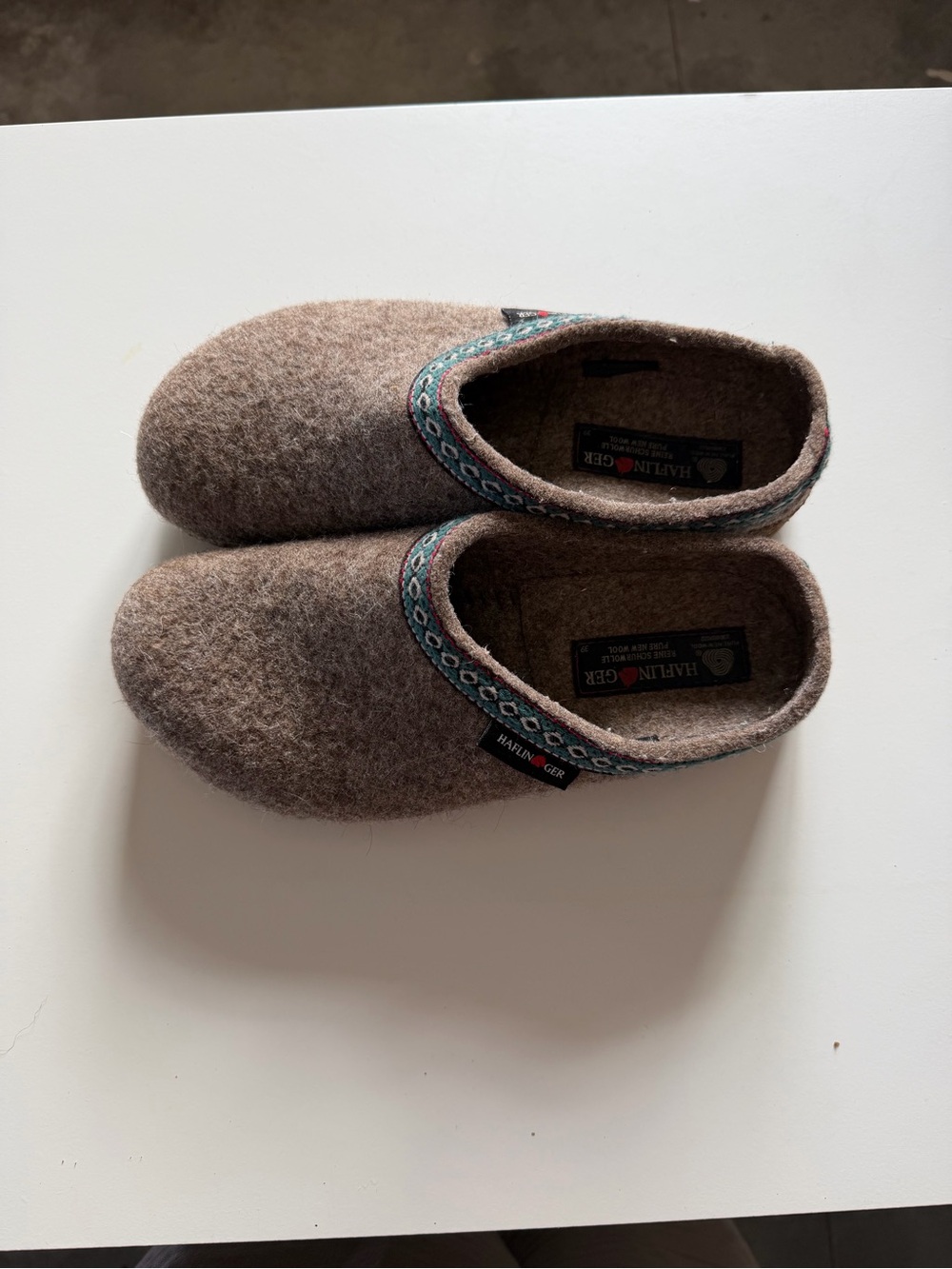 Haflinger Brown Wool Felt Slip-Ons with Teal Patterned Trim